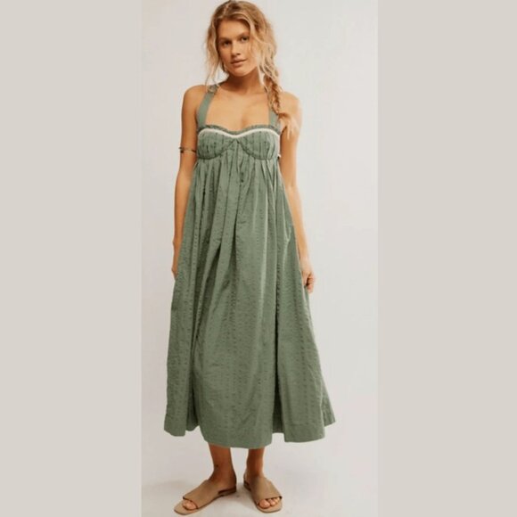 Free People Free-est Sage Green Poppy Midi Dress  SZ XS - Picture 1 of 11
